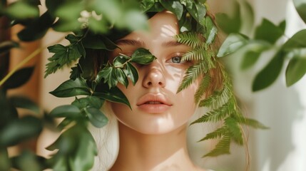 Poster - Beautiful woman surrounded by green plants with sunlight illuminating her face in a serene indoor setting