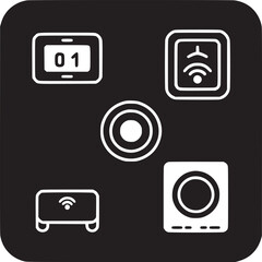 Poster - A black square background with white icons of a display, wifi, speaker, and central circle design