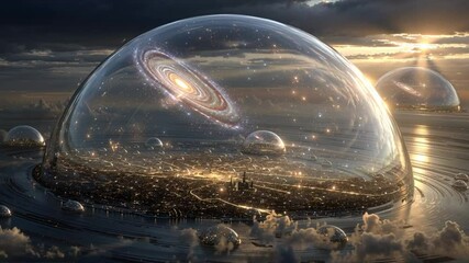 Poster - Futuristic Cityscape Under a Dome With Galaxies Visible at Sunset Generative AI