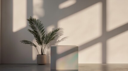 Poster - Sunlight casts soft shadows on a minimalistic interior with a potted plant and a geometric structure