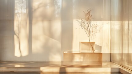 Poster - Elegant minimalistic interior with natural light highlighting a dried plant in a contemporary setting