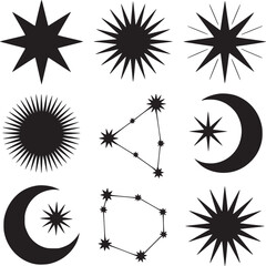 Poster - A celestial collection: diverse star shapes, crescent moons, and constellation designs in black and white