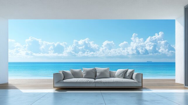 In a modern beach house or luxury pool villa, a cozy home interior 3d rendering showcases a lounge chair on the terrace, a bright living room, and a sofa, all set against the backdrop of a beautiful