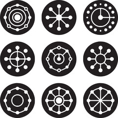 Aufkleber - nine black circles containing white geometric designs with lines and dots on a white background