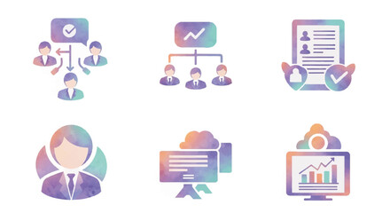 Poster - Watercolor business icons set representing teamwork and analysis