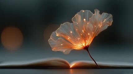 Wall Mural -   A close-up of a book with a flower in the center and lights surrounding it