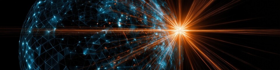 Poster - Futuristic digital globe with blue network and orange light burst