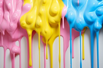 Poster - Thick paint dripping down a white wall, creating a colorful and textured abstract design