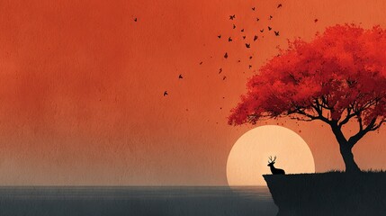 Wall Mural - a stunning painting of a deer perched on a cliff, set against a backdrop of a majestic tree in the f