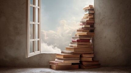 Aufkleber - Stacked Books Create a Staircase Leading to an Open Window Above a Dream-Like Landscape