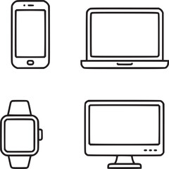 Poster - Outline illustration of a smartphone laptop smartwatch and desktop computer on a white background