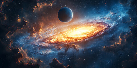 Wall Mural - Stunning galaxy with swirling nebula clouds and distant planet in a star filled cosmic sky