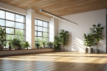 Poster - Sunlight illuminating empty room with plants and large windows with wooden floor and wooden ceiling