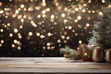 Poster - Festive scene with christmas ornaments on a wooden table against a backdrop of sparkling golden lights