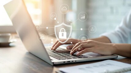 Poster - Person typing on laptop with digital security shield and icons overlaying the screen view online
