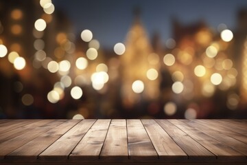 Poster - Christmas background with empty wooden table and blurred christmas lights