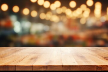 Poster - Empty wooden table and blurred restaurant background with bokeh lights for product placement