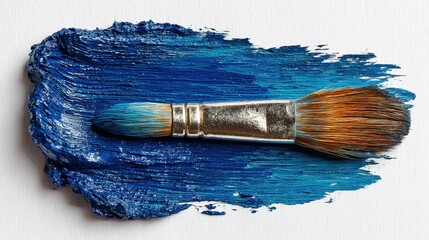 Aufkleber - Blue paint spreading on white surface with a paintbrush at an art studio, creating artistic design and visual effects for a creative artwork