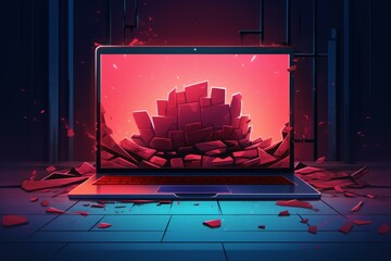 Poster - Abstract polygonal shapes exploding from laptop screen in a dark room, creating a dramatic and surreal scene