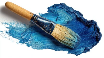 Aufkleber - Blue paint spreading on white surface with a paintbrush at an art studio, creating artistic design and visual effects for a creative artwork