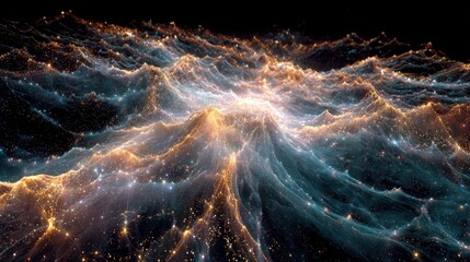 Poster - Abstract digital landscape of glittering mountains and nebula against black background, emphasizing light and depth