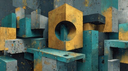 Poster - Abstract geometric painting featuring teal, yellow, black and gray shapes with splatters and textures creating dynamic visual interest