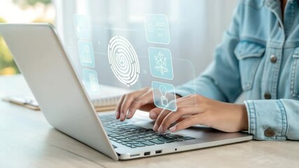 Poster - Person typing on laptop with fingerprint and other digital icons floating above the keyboard area