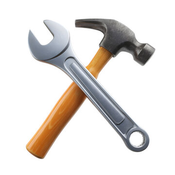 Crossed hammer and wrench tools for repair and construction isolated on transparent background