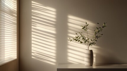 Poster - Natural light filters through blinds to create shadows and highlights on a vase with greenery in a serene indoor setting