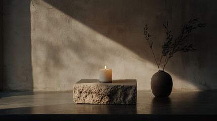 Poster - Soft light casts shadows on a stone surface featuring a candle and a vase with foliage, creating a warm, serene atmosphere