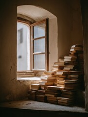 Aufkleber - Stacked Books Create a Staircase Leading to Sunlight Through an Open Window in a Serene Indoor Space