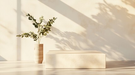 Poster - Bright and airy interior featuring a minimalist design with a plant and elegant shadows in natural light