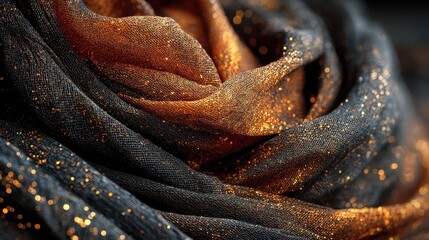 Poster - Luxurious flowing black and bronze fabric illuminated with dazzling gold sparkles creates a captivating and shimmering textile
