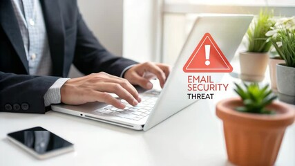 Poster - Man typing on laptop with email security threat alert and plants on a white desk near a smartphone