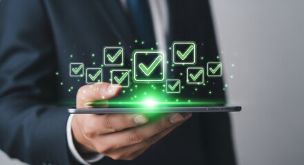 Poster - Task management app for business productivity and efficiency with checklist and checkmark on tablet screen