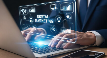 Poster - Digital marketing strategy and planning on laptop for business growth and social media management success