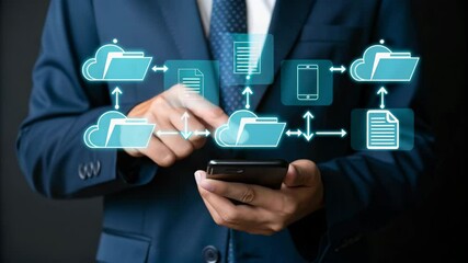 Poster - Man in suit using smartphone with cloud storage and file transfer icons overlaid on the screen image