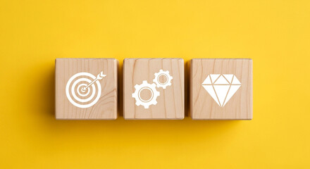 Poster - Business goals strategy success target achievement process innovation value wooden blocks on yellow