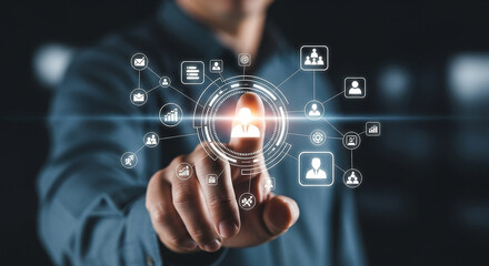 Poster - Business technology concept with man touching interface for network connection system 100