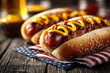 © john - USA national holiday Labor Day, Memorial Day, Flag Day, 4th of July - hot dogs with ketchup and mustard on wood background, copy space