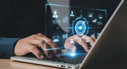 Poster - Data analysis and customer research on laptop for target analytics and marketing strategy planning tech