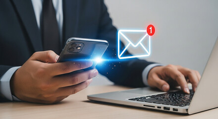 Poster - Email marketing strategy businessman checking email on mobile phone and laptop for business growth