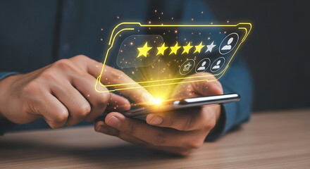 Poster - Online review and rating concept using smartphone with five star feedback and customer experience evaluation