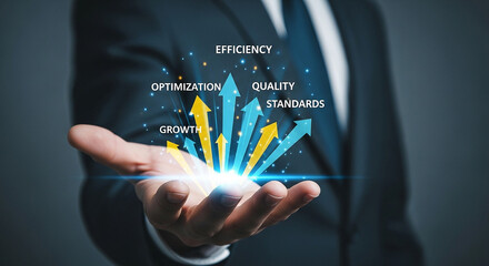 Poster - Business growth strategy concept showing efficiency optimization and quality standards in hand success plan