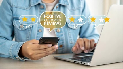 Poster - Person using phone and laptop with positive customer reviews graphic overlayed on the image shown here