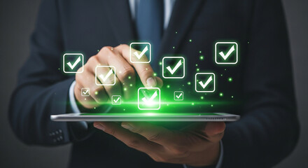 Poster - Digital checklist on tablet for task management and business process automation compliance and approval