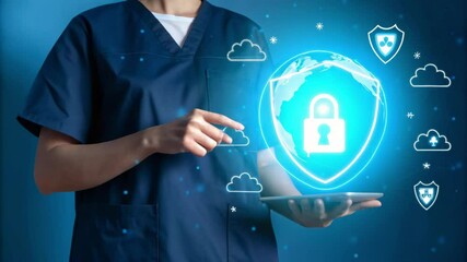 Poster - Woman in scrubs pointing at digital padlock on globe with cloud and shield icons on blue background