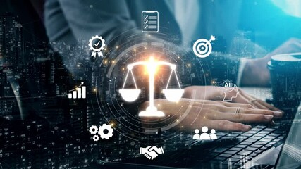 Poster - Futuristic digital law interface displaying justice scale, highlighting digital law, AI compliance, digital law systems, and digital law regulations for secure governance. Muxer