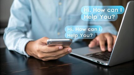 Poster - Person using phone and laptop with a chat bubble that says hi how can i help you visible on screen