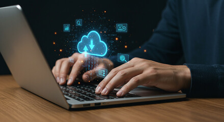 Fototapete - Cloud computing and data storage concept man using laptop for digital transformation technology